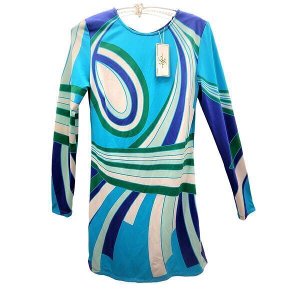 HP Julie‎ Brown Blue Abstract Long Sleeve Stretchy Shift Dress 90s does 60s - Picture 1 of 16